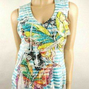 Paris Striped Butterfly Print Ruffled Tank